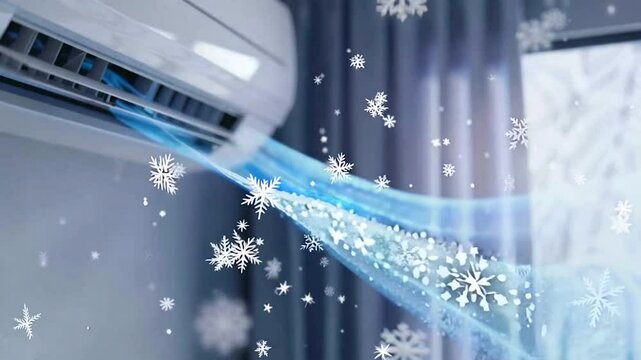 Modern air conditioner in action with cool airflow and snowflakes, demonstrating efficient cooling. Great for home and office comfort. Visual style is clean and informative. Generative AI