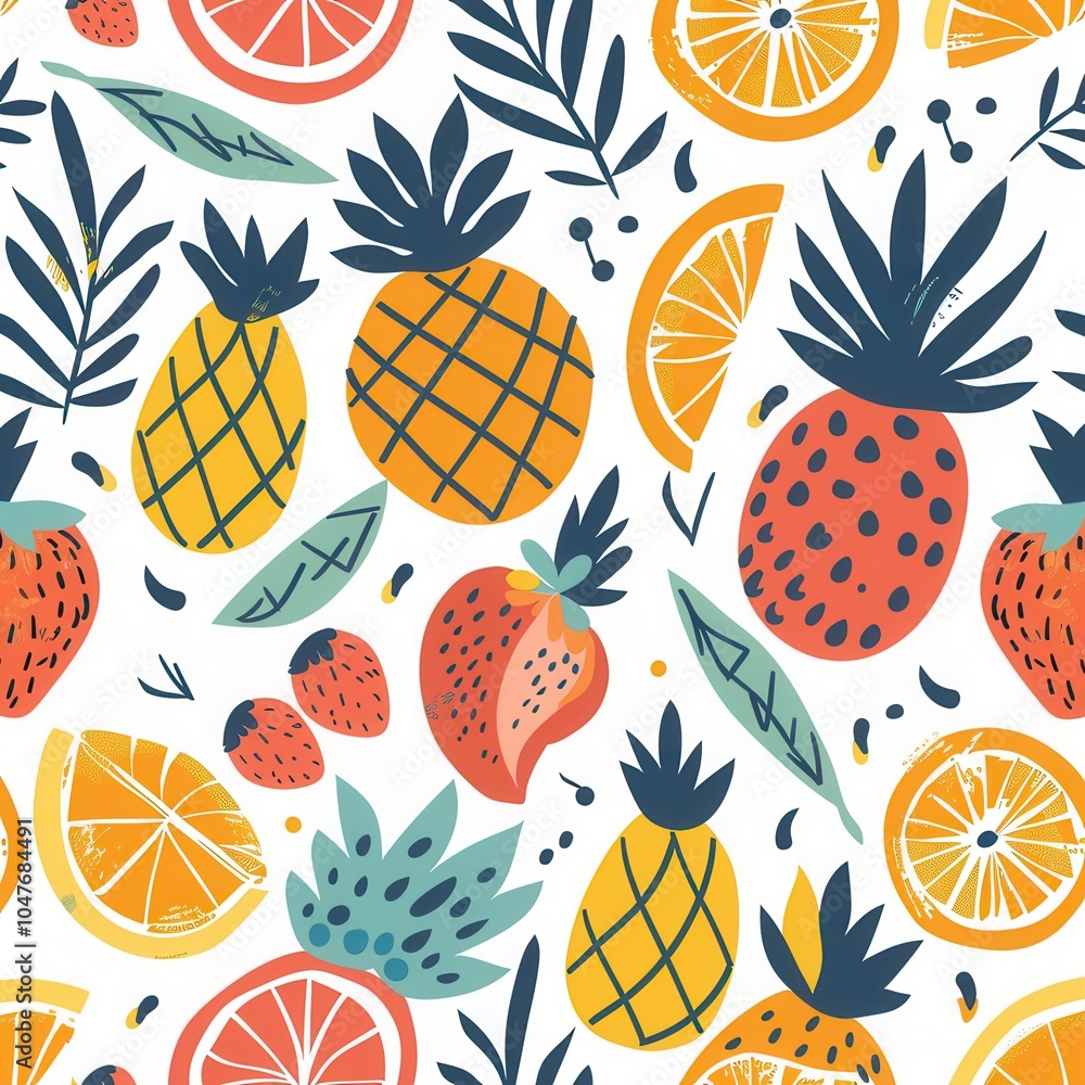 Poster a vibrant collection of fruit illustrations includes pineapples, oranges, and strawberries, creating