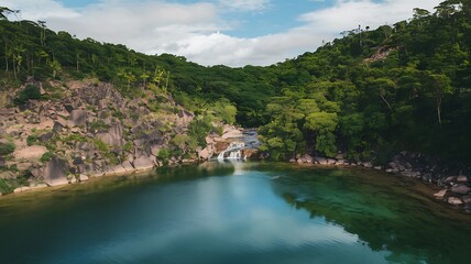 Fototapeta premium A drone aerial shot of a serene lake surrounded by lush green forests and rocky terrain in a tranquil natural setting