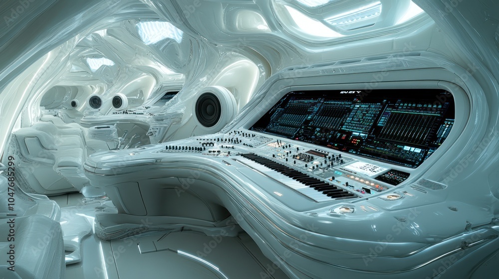Aufkleber futuristic white control room with a large console, a keyboard and a computer screen.