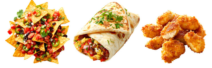 Classic burrito and nachos with meat, beans, corn, cheese, and fresh salsa and crispy Chicken Nuggets isolated on white transparent background.
