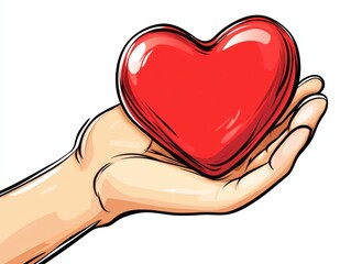 Obraz premium A hand gently holds a red heart on a simple white background in a minimalist cartoon style art piece