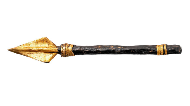 Traditional spear with a golden tip, isolated on a white background.