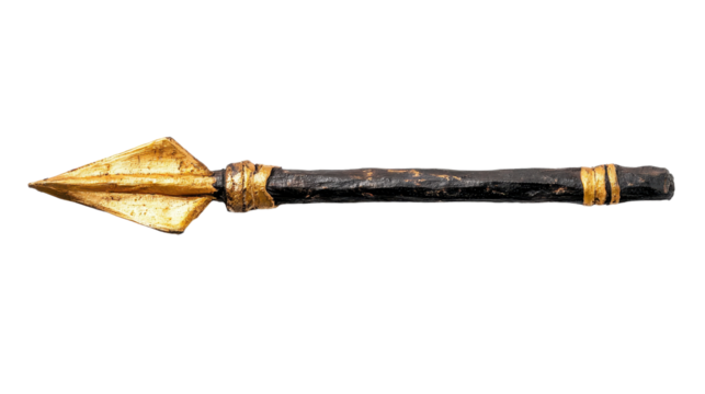 Traditional spear with a golden tip, isolated on a white background.