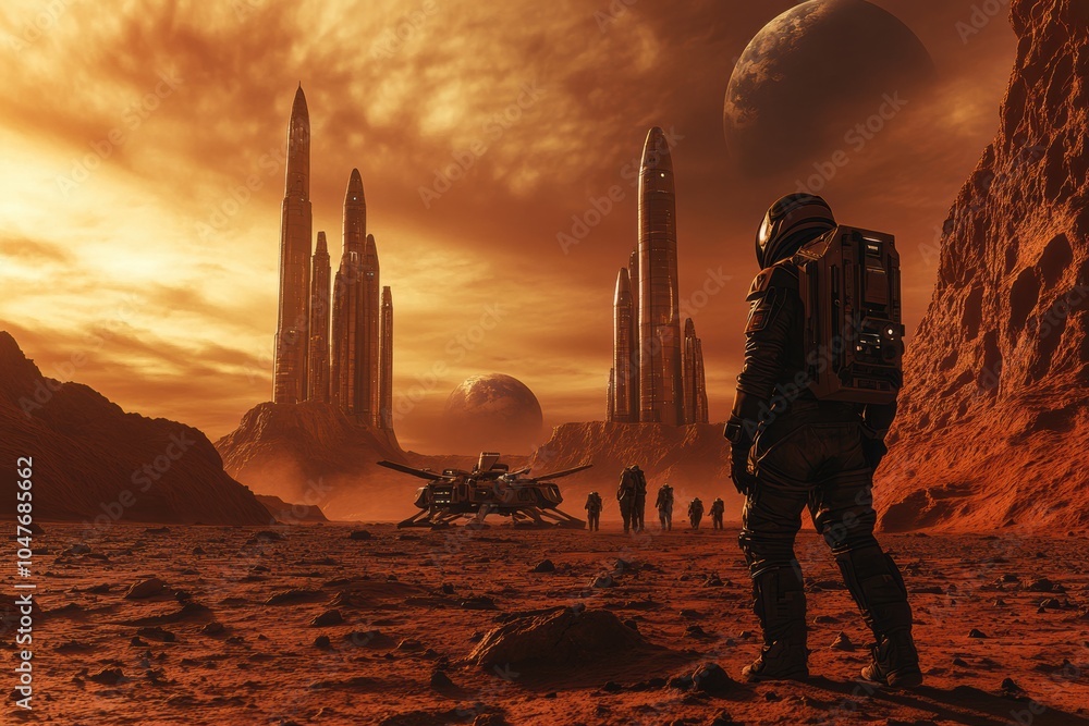 Poster an astronaut stands on a barren red terrain, gazing at impressive structures under a vibrant, orange