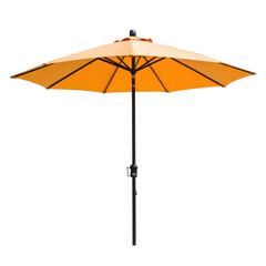 Vibrant orange patio umbrella providing shade, with a sturdy black pole, isolated on a white background.