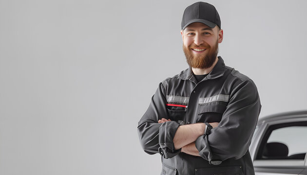 Portrait of professional auto mechanic with lug wrench on white background