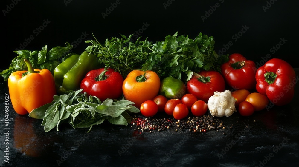 Poster a colorful assortment of vegetables and herbs are displayed on a counter