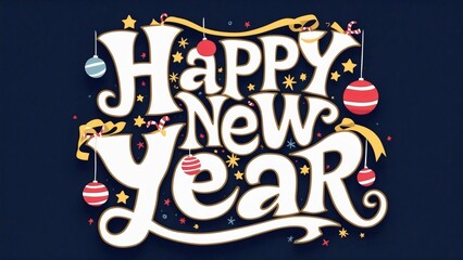  Cheerful Happy New Year card message illustration with white playful calligraphic lettering text, whimsical and festive decor, adorned with Christmas balls, stars, and ribbons, deep blue background