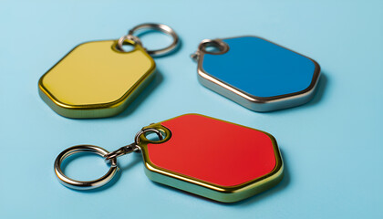 Color metal pet tags with ring on light blue background, closeup. Space for text