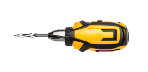 Yellow screwdriver with metal tip isolated on white background.