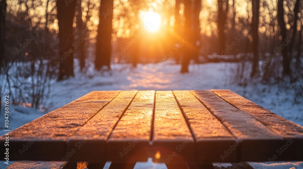 Poster The warm glow of the setting sun illuminates a wooden table in a tranquil forest covered in snow, creating a serene atmosphere.