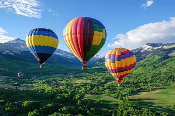 Obraz premium Colorful hot air balloons soar over a lush green valley.