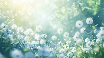 A serene landscape filled with dandelions and wildflowers in soft sunlight during springtime