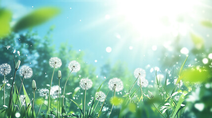 Obraz premium Morning sunlight illuminates a blooming meadow filled with dandelions and lush greenery