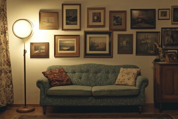 A cozy living room with a blue sofa and a lamp.