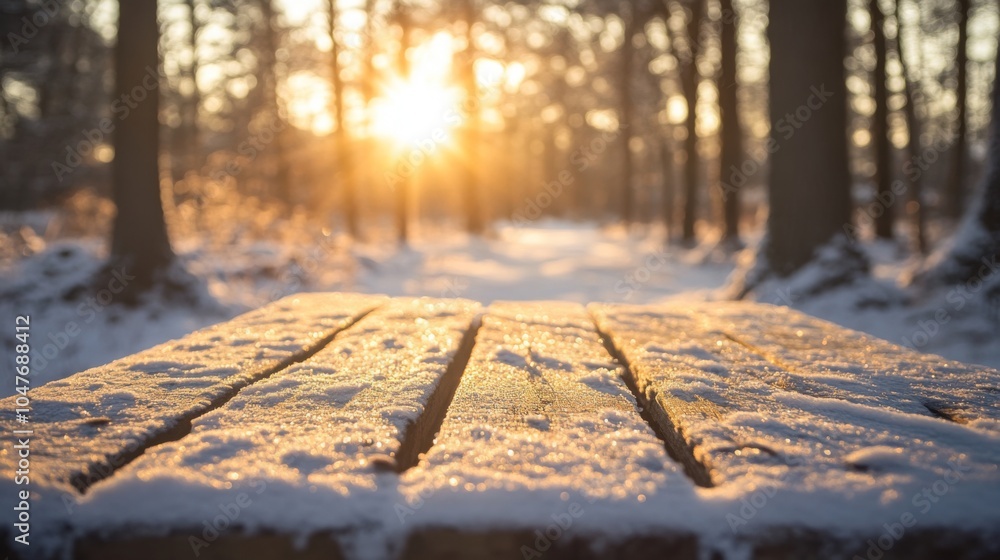 Poster a wooden table sits in a snowy forest. sunlight shines through the trees, illuminating the table and