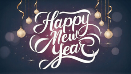 Beautiful "Happy New Year" in crusive stylish white lettering card on a deep purple background with glowing soft bokeh light,surrounded by delicate golden hanging ornaments and ribbons, poster, banner