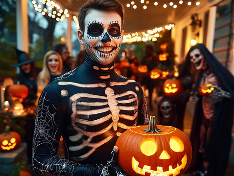 Man in Skeleton Costume Holding a Jack-o'-Lantern at a Halloween Party