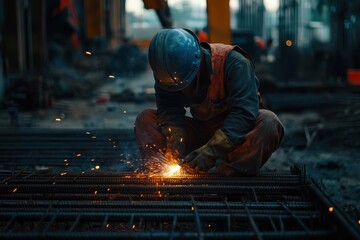 Construction worker welding metal beams with sparks flying.