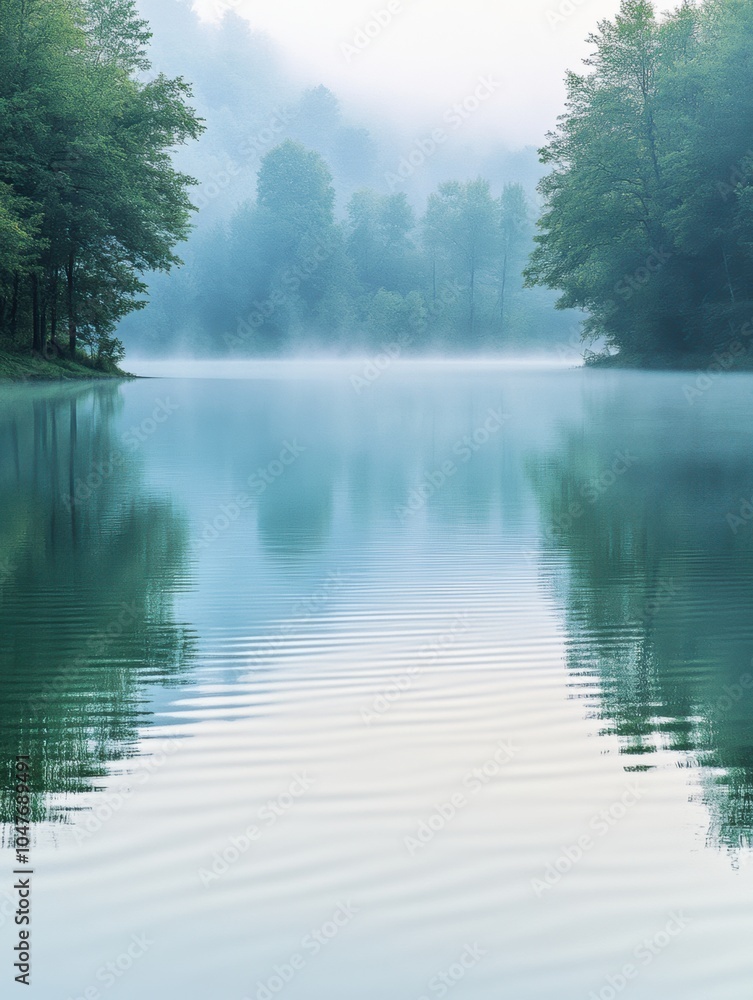 Poster a serene lake enveloped in mist mirrors the surrounding trees, creating a peaceful atmosphere that w