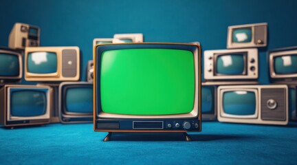 A collection of retro television sets with a large TV in the foreground featuring a green screen for editing or design purposes.