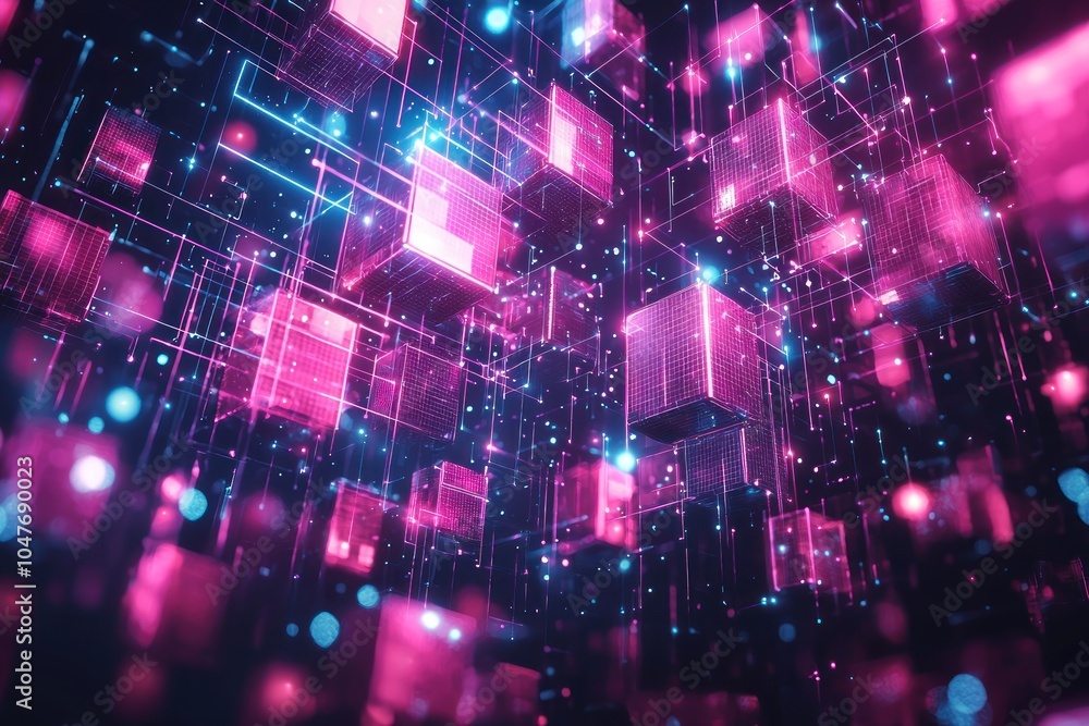 Poster abstract 3d render of pink and blue cubes connected by lines