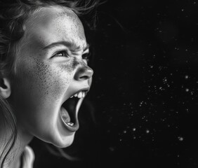 Angry girl shouting with intense expression with copy space.