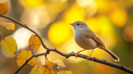 Obraz premium A small bird perched on a branch surrounded by autumn leaves in a scenic forest