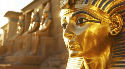 Obraz premium A detailed close up of an Egyptian pharaoh statue adorned with golden decorations.