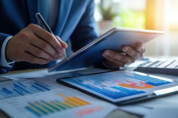 A businessman in a suit analyzes financial data on a tablet.