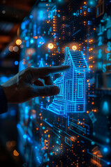 Closeup of hand designing a virtual home model with digital holograms.