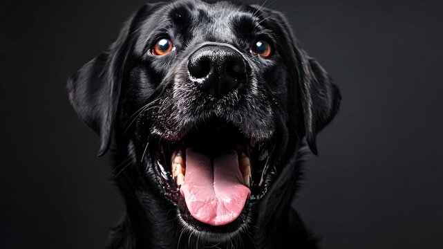 A cheerful black labrador retriever with its mouth open and tongue out. The close-up pet portrait has a dark backdrop, making it perfect for pet lovers and animal-themed projects. AI
