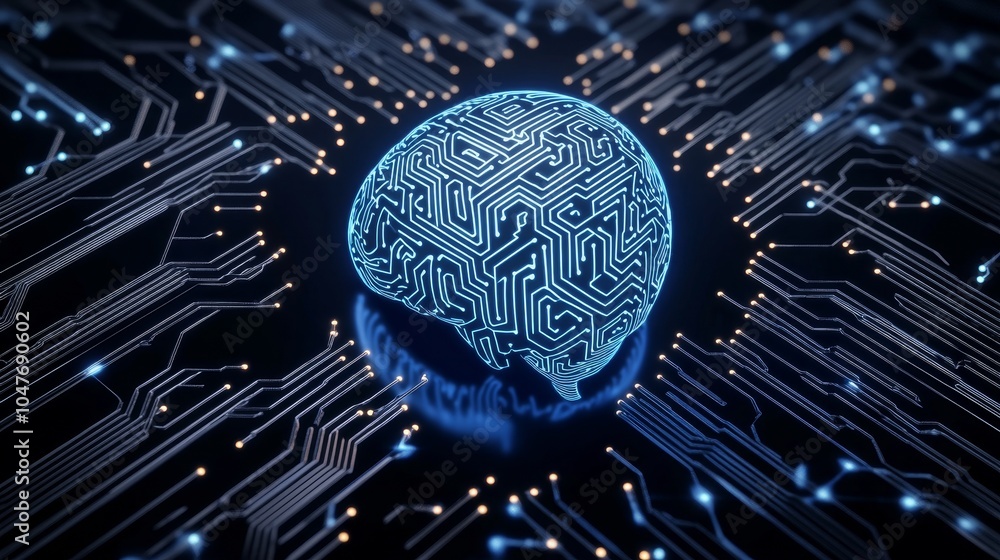 Poster a 3d rendering of the stock hardware concept. a glowing blue brain circuit on a microchip on a compu