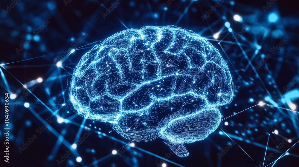 Poster a 3-d rendering of a stock hardware concept. a shining blue brain circuit is placed on a microchip a