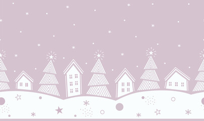 Christmas Abstract Seamless Border. Winter Village in Modern Geometric Style. Trendy Christmas Design. Holiday Greeting Card, Banner, Invitation Template. Vector Illustration in Pink, White