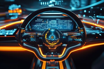 Futuristic car interior with glowing orange and blue lights.