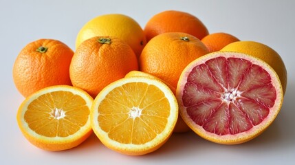 Fototapeta premium Orange slices and whole oranges, showcased on a white background, highlighting their vivid orange color