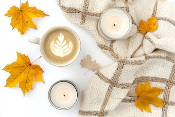 On a white background, is a cup of coffee, sweater, plaid, autumn leaves, flat laid, with a top view, with copy space.
