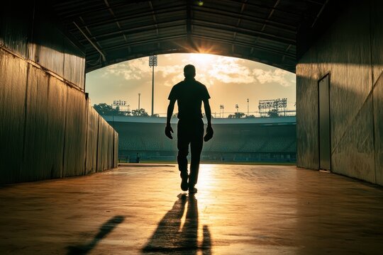Silhouetted figure walks towards the stadium, bathed in golden light.