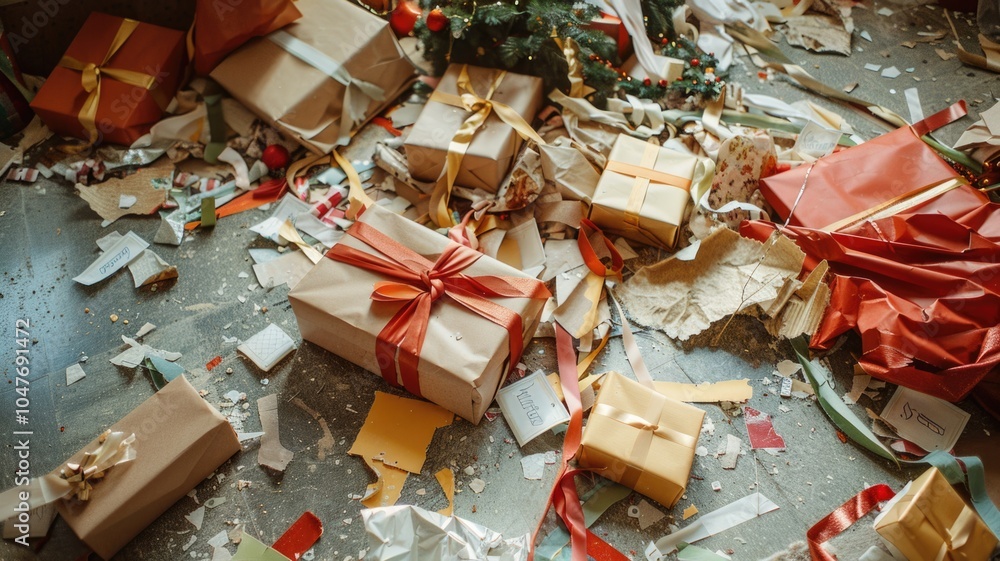 Wall mural Festive chaos: unwrapping holiday gifts amidst wrapping paper and decor