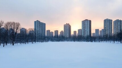 Fototapeta premium Sunlight breaking through clouds over a snowcovered city park, distant buildings glowing in soft morning light, winter park, urban calm