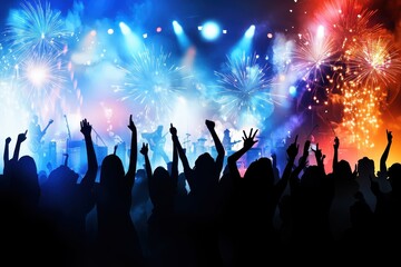 Silhouettes of a crowd celebrating with fireworks.