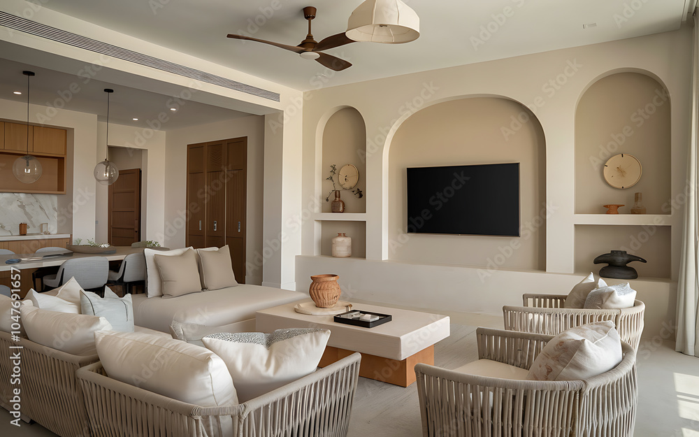 Wall mural Modern living room interior design with beige and brown tones  showcasing a comfortable and stylish space for relaxation   