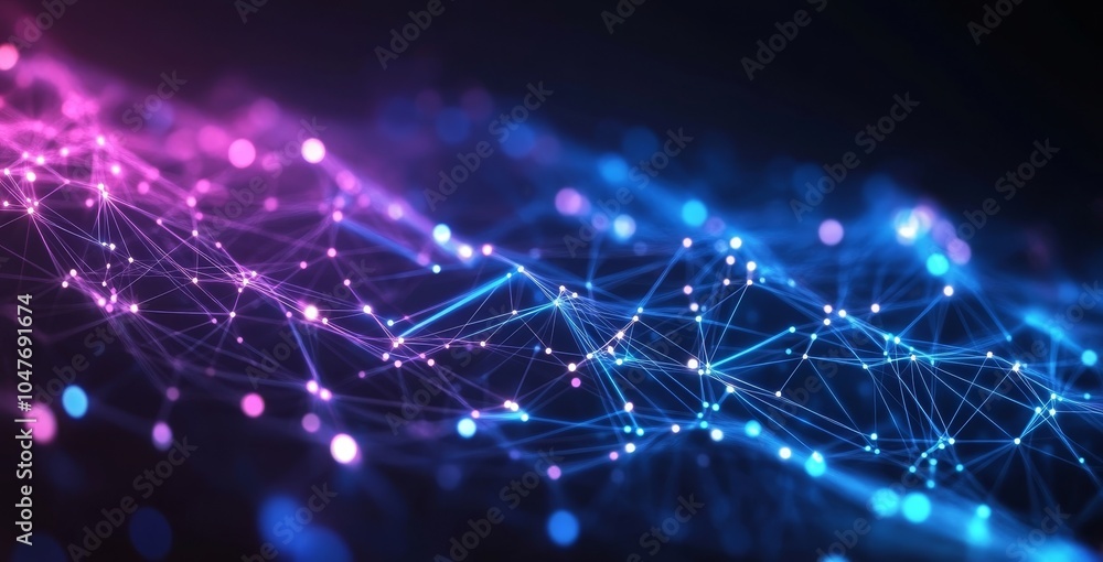 Poster a horizontal dot point connects to a gradient line and an intricate wave line design, internationali
