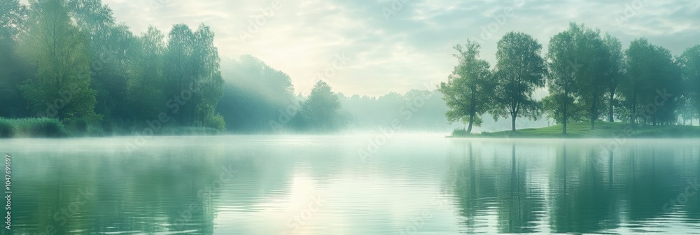 Poster the calm surface of the lake reflects the surrounding trees, enveloped in mist during a peaceful mor