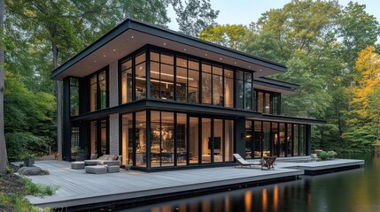 Fototapeta premium Modern black house on a lake with large windows and a deck.