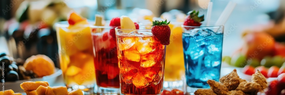 Aufkleber bright cocktails in varied colors are displayed with fresh fruit slices and snacks, enhancing the ch