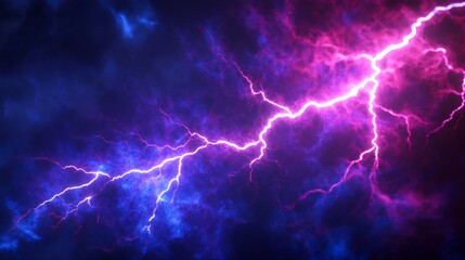 Fototapeta premium Abstract pink and blue lightning bolt striking through dark stormy sky.