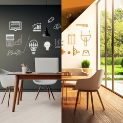 A photorealistic image split between a modern home office and a relaxing garden table with coffee